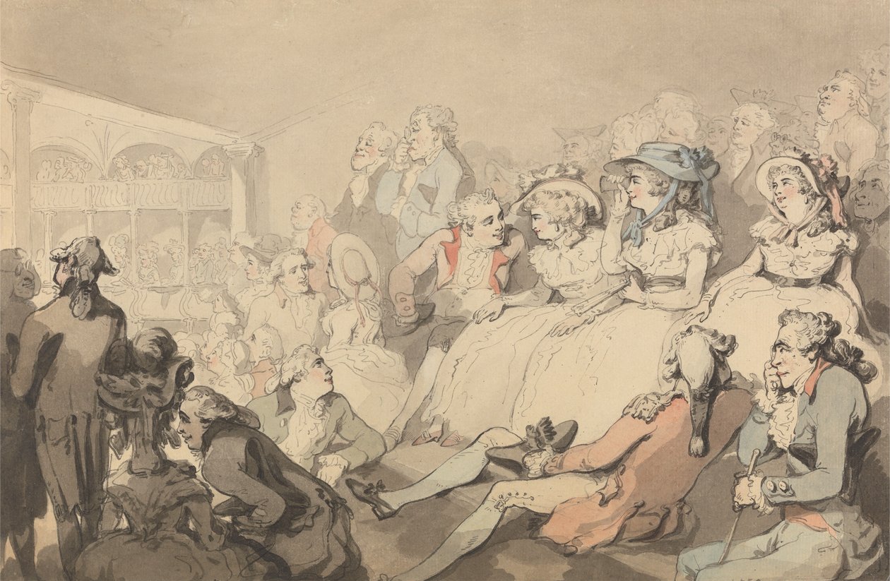 Et publikum som ser på et teaterstykke på Drury Lane Theatre av Thomas Rowlandson