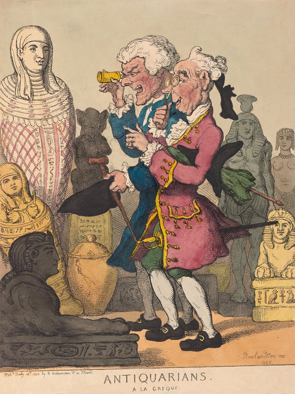 Antikvarier a la Greque, pub. 1805 (håndfarget gravering) av Thomas Rowlandson