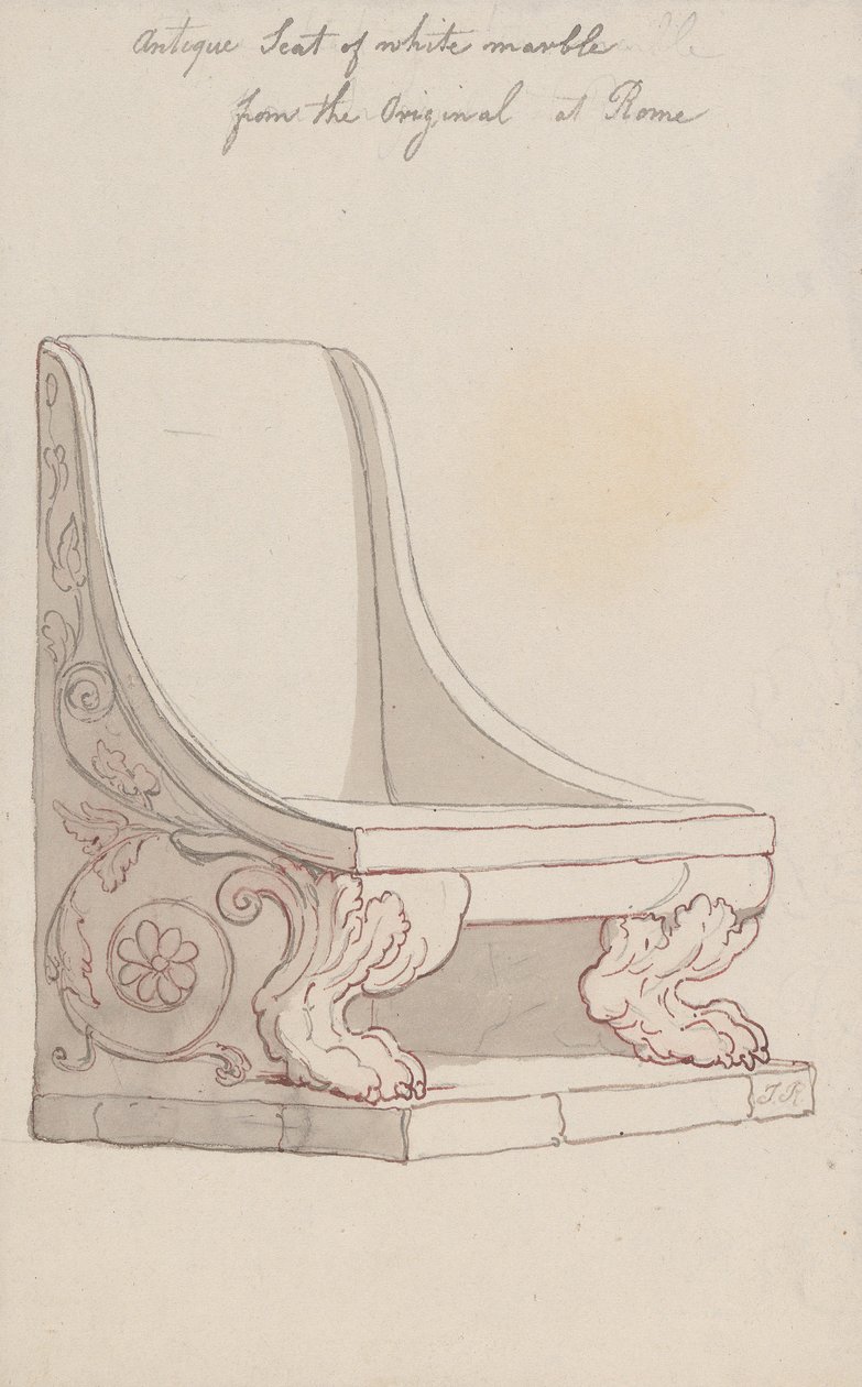 Antikt sete i hvit marmor, etter originalen i Roma av Thomas Rowlandson