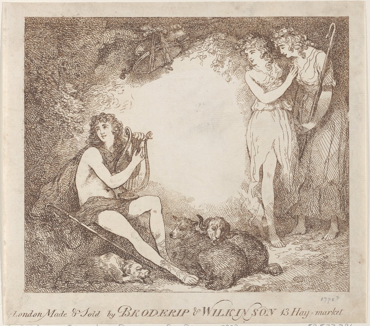 Apollo, Lyra og Daphne Trade-kort som illustrerer Marian, en opera, 1797-99., 1797-99. av Thomas Rowlandson