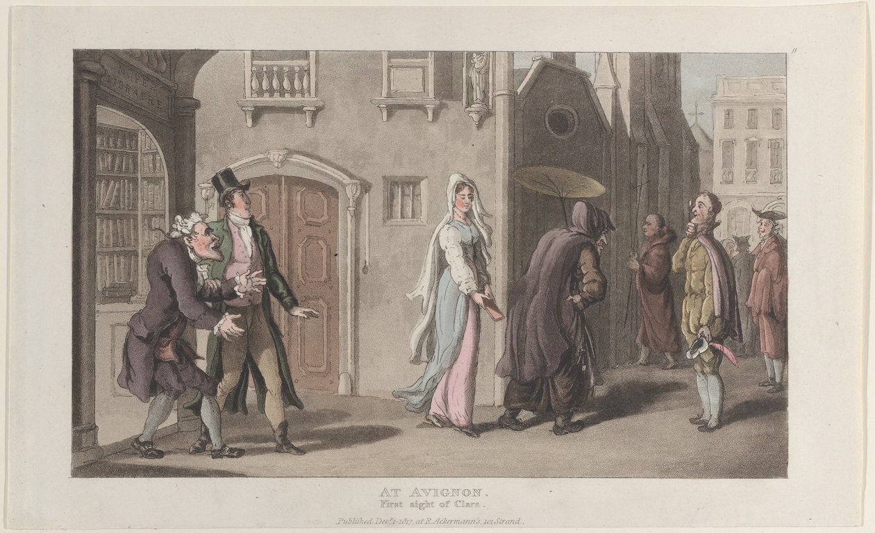 At Avignon, First Sight of Clara, fra Journal of Sentimental Travels in the ..., 1. desember 1817. av Thomas Rowlandson