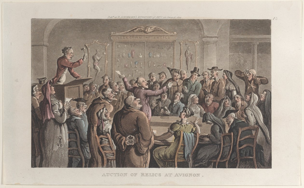Auksjon av relikvier i Avignon, fra Journal of Sentimental Travels in the Southern Provinc..., 1821. av Thomas Rowlandson