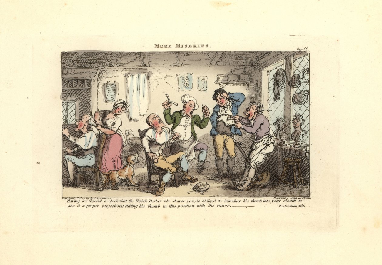 Frisør klipper tommelen og prøver å barbere en kunde. av Thomas Rowlandson