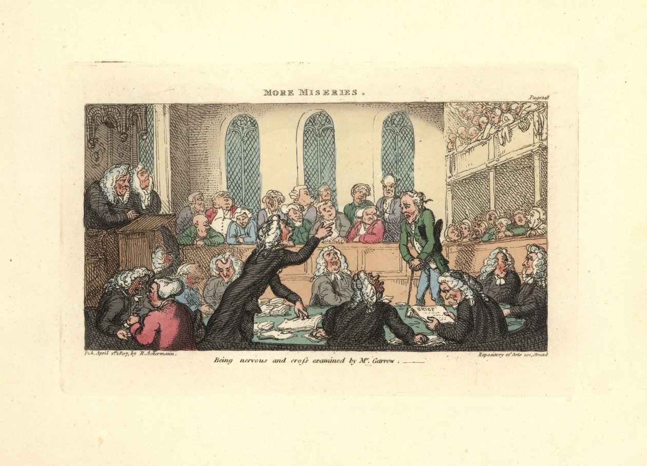 Å være nervøs og kryssforhørt av Mr. Garrow. av Thomas Rowlandson