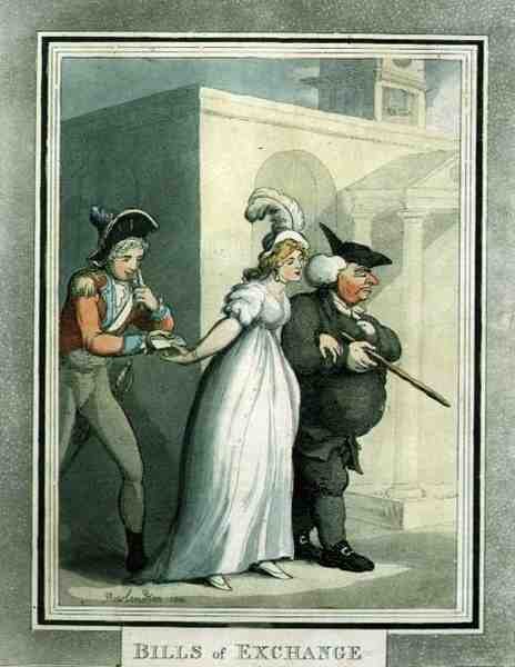 Veksler, pub. av Rudolph Ackermann av Thomas Rowlandson