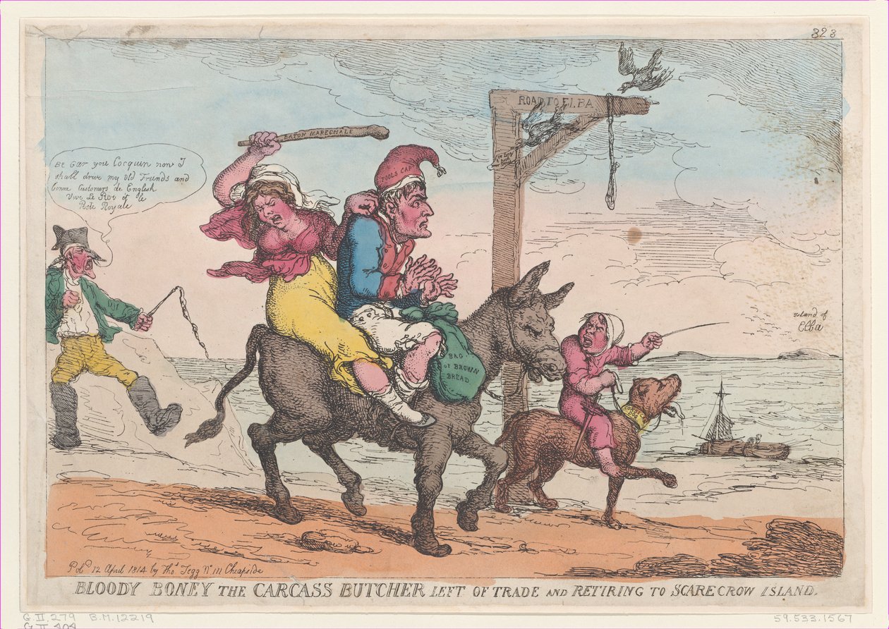 Bloody Boney the Carcass Butcher forlot handel og trekker seg tilbake til Scarecrow Island,..., 12. april 1814. av Thomas Rowlandson