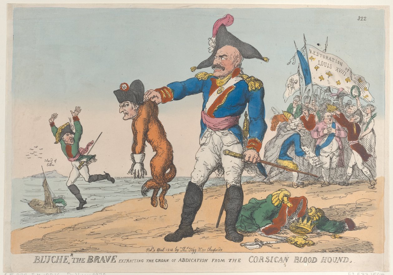 Blucher the Brave trekker ut stønn av abdikasjon fra den korsikanske blodhoun..., 9. april 1814. av Thomas Rowlandson