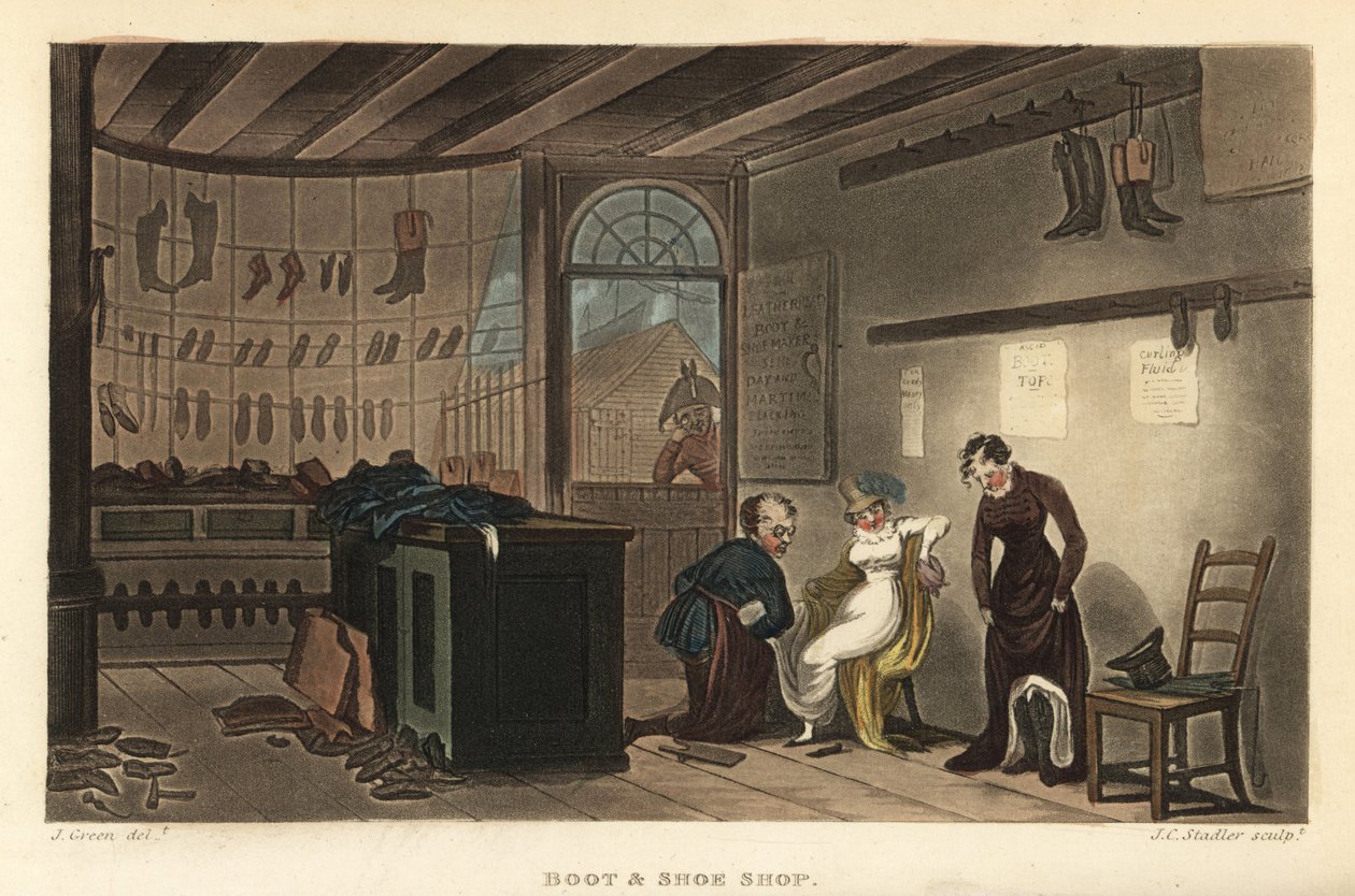 Støvle- og skobutikk: Kvinner som prøver sko og støvler hos Leatherhead skomakere. Håndfarget kobberstikk av Thomas Rowlandson, akvatint av J.C. Stadler, etter en skisse av J. Green fra Poetical Sketches of Scarborough, Ackermann, London av Thomas Rowlandson