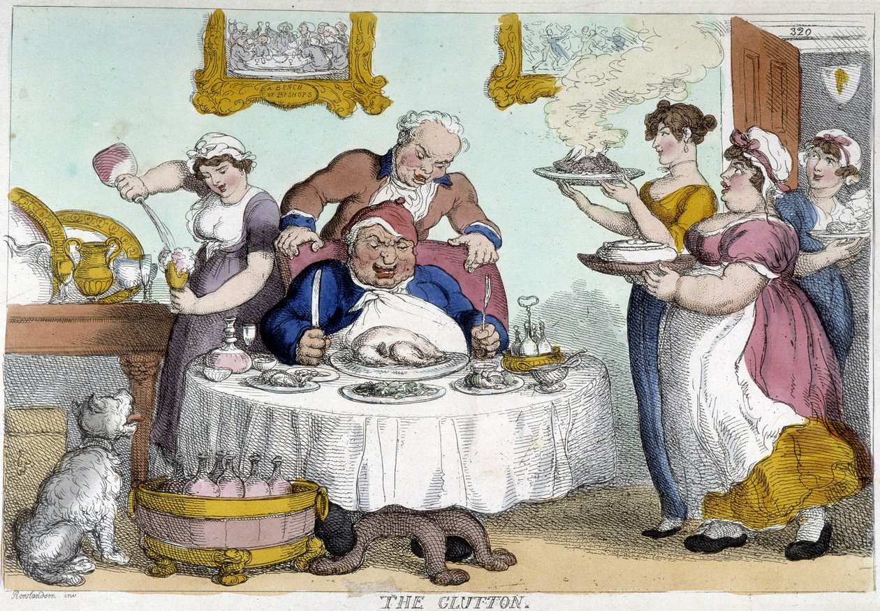 Borgerlige foran et overdådig måltid servert av mange tjenere - karikatur av Rowlandson av Thomas Rowlandson