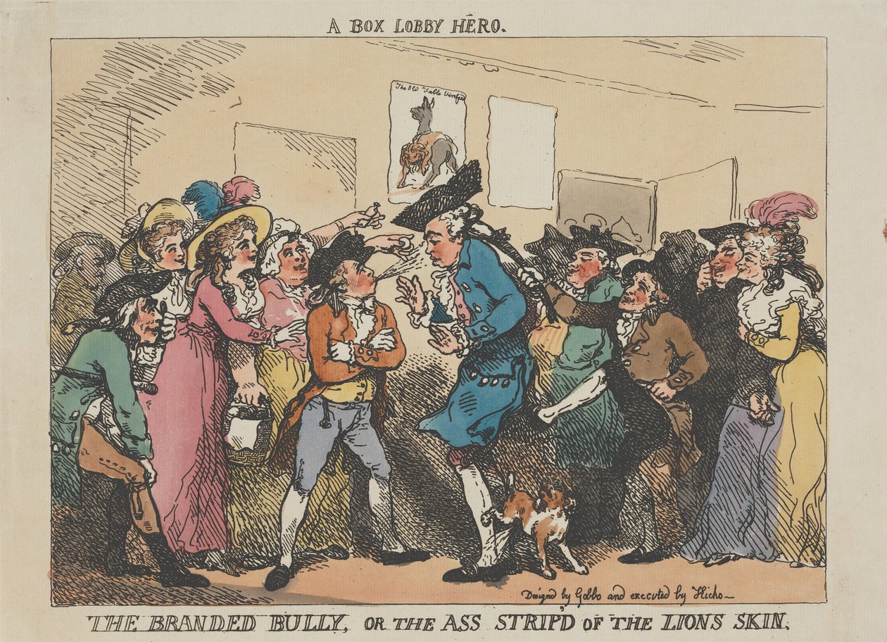 «Box-Lobby Hero», «The Branded Bully» eller «Ræva uten løveskinn» av Thomas Rowlandson