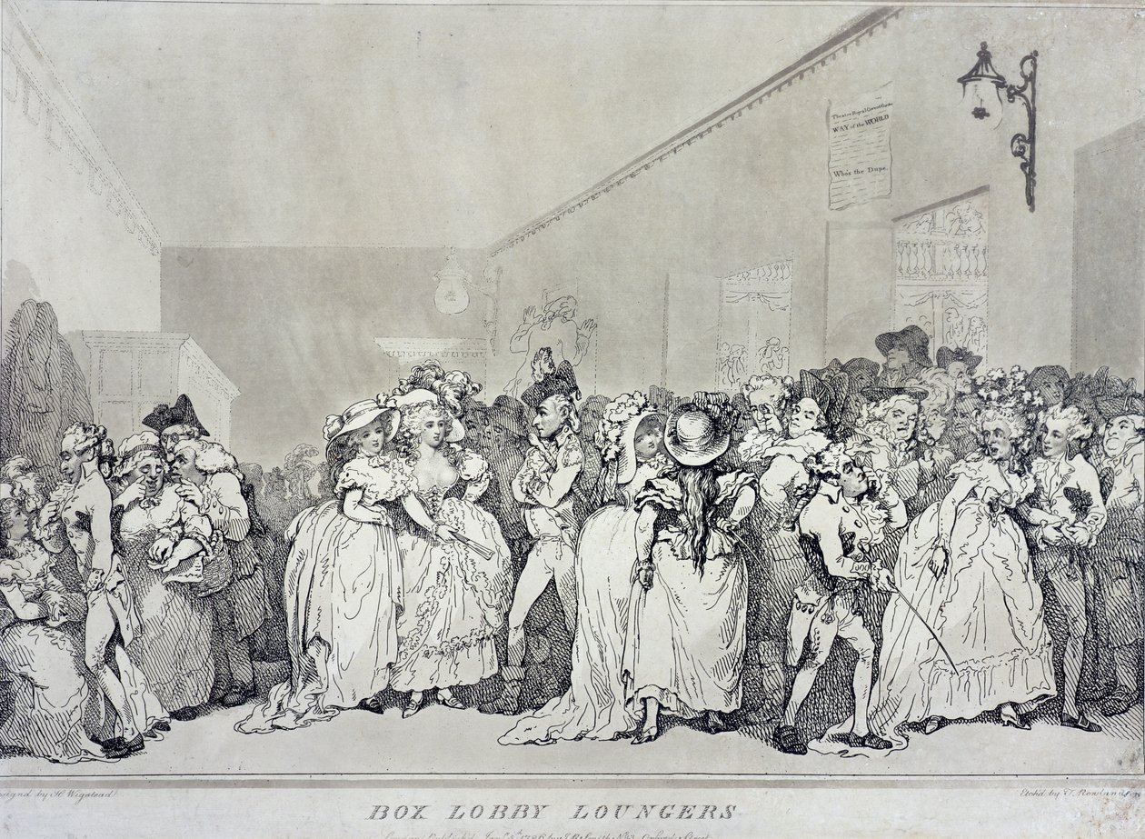Box Lobby Loungers, etset av Rowlandson etter et design av Henry Wigstead (ca. 1745-93), pub. av John Raphael Smith, 1786 (sepia-etsing) av Thomas Rowlandson