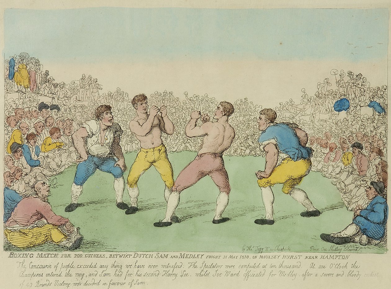 Boksekamp for 200 Guineas mellom nederlandske Sam og Medley (farget etsning) av Thomas Rowlandson