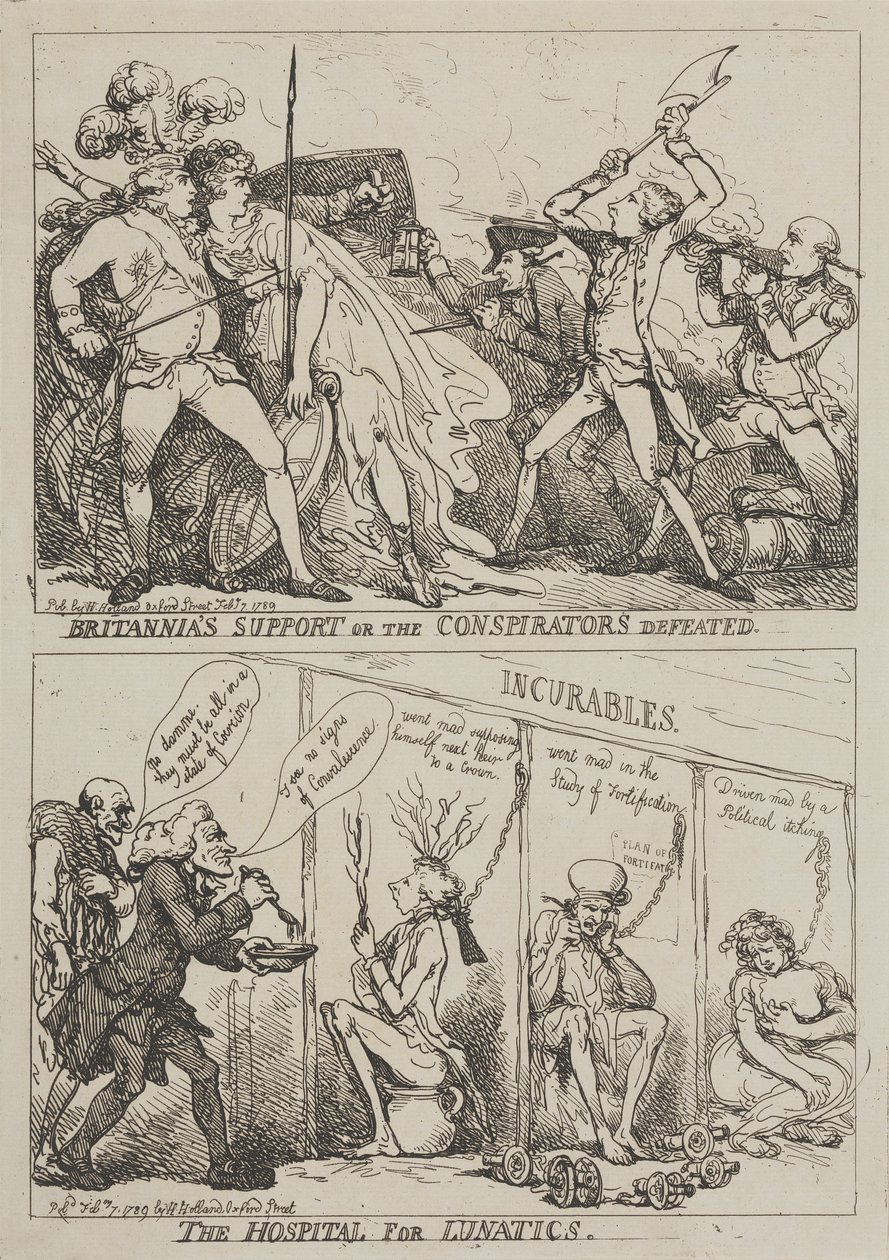 Britannias støtte eller konspiratørenes nederlag – Sykehuset for sinnssyke av Thomas Rowlandson