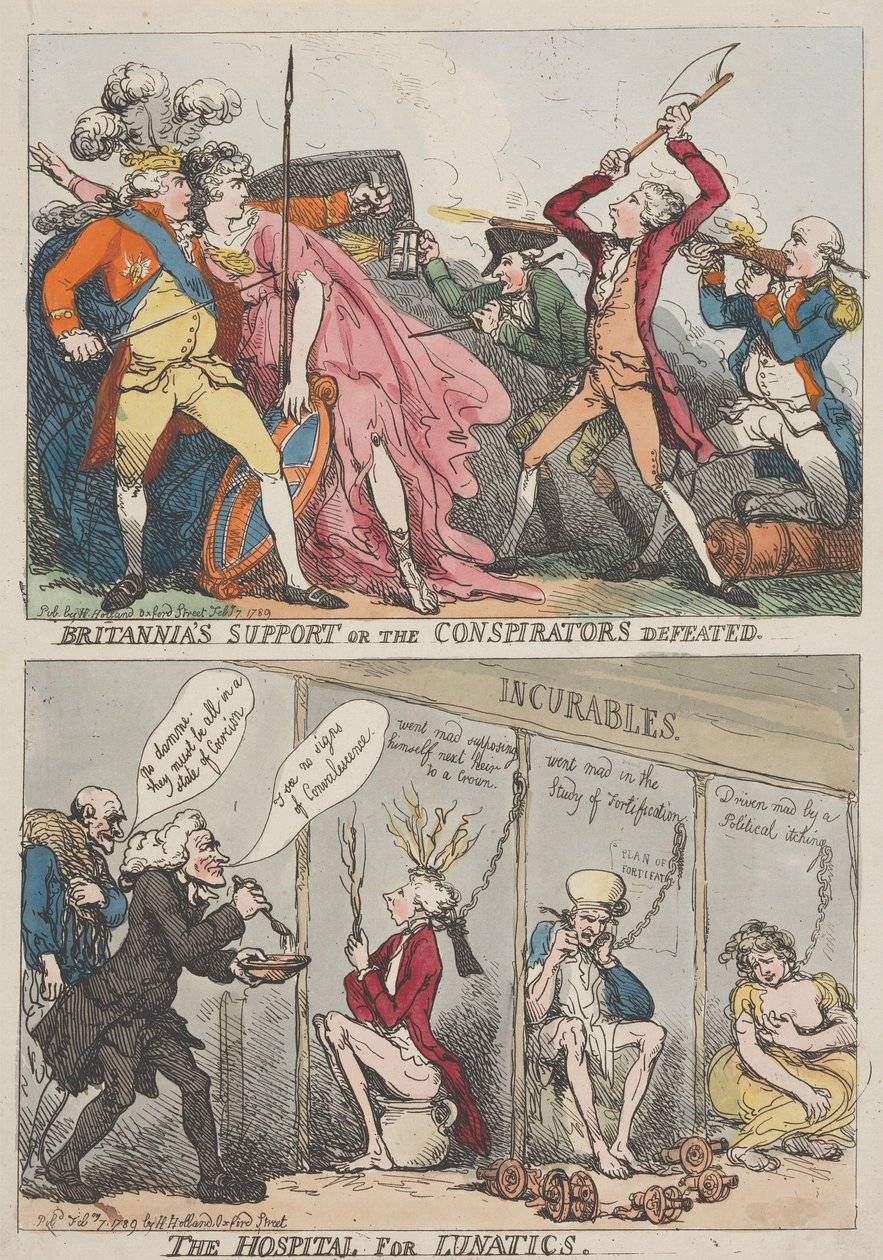 Britannias støtte eller konspiratørenes nederlag – Sykehuset for sinnssyke av Thomas Rowlandson