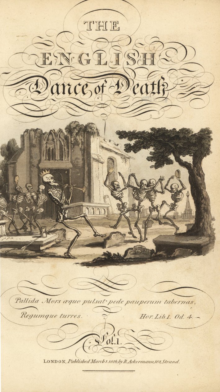 Kalligrafisk tittel og vignett av skjeletter som danser med tamburiner og horn på en kirkegård nær en ødelagt kirke. Håndfarget kobberplate tegnet og gravert av Thomas Rowlandson fra The English Dance of Death, Ackermann, London av Thomas Rowlandson