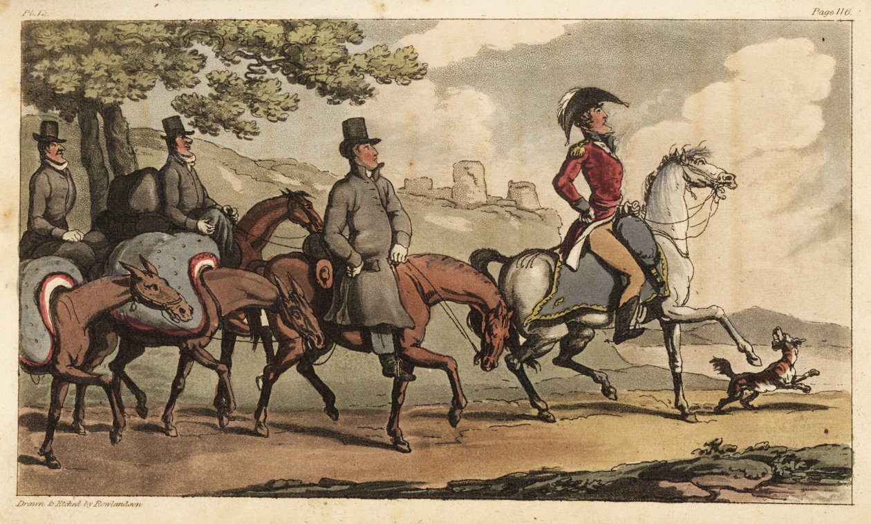 Kaptein Johnny Newcome og hans tjenere med pakkehester på veien til Santarem, Portugal, for å returnere til Peninsula Campaign. Håndfarget kobberstikk tegnet og etset av Thomas Rowlandson fra oberst David Roberts