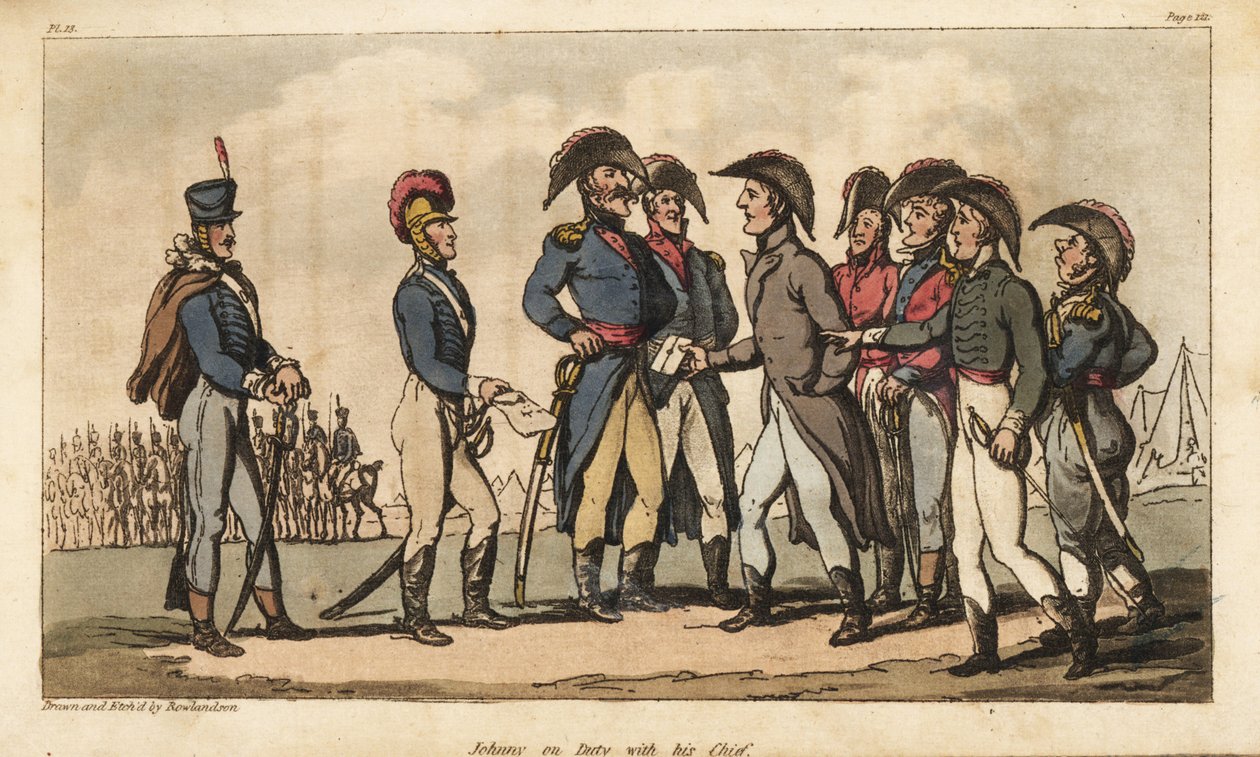 Kaptein Johnny Newcome på vakt som Aide de Camp til hertugen av Wellington under Peninsula-kampanjen. Håndfarget kobberstikk tegnet og etset av Thomas Rowlandson fra oberst David Roberts