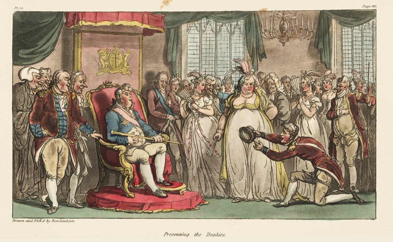 Kaptein Johnny Newcome presenterer krigens trofeer, kong Joseph Bonaparts hatt og marskalk Jean-Baptiste Jourdans stafettpinnen, til prinsregenten i Carlton House. Håndfarget kobberstikk tegnet og etset av Thomas Rowlandson fra oberst David av Thomas Rowlandson
