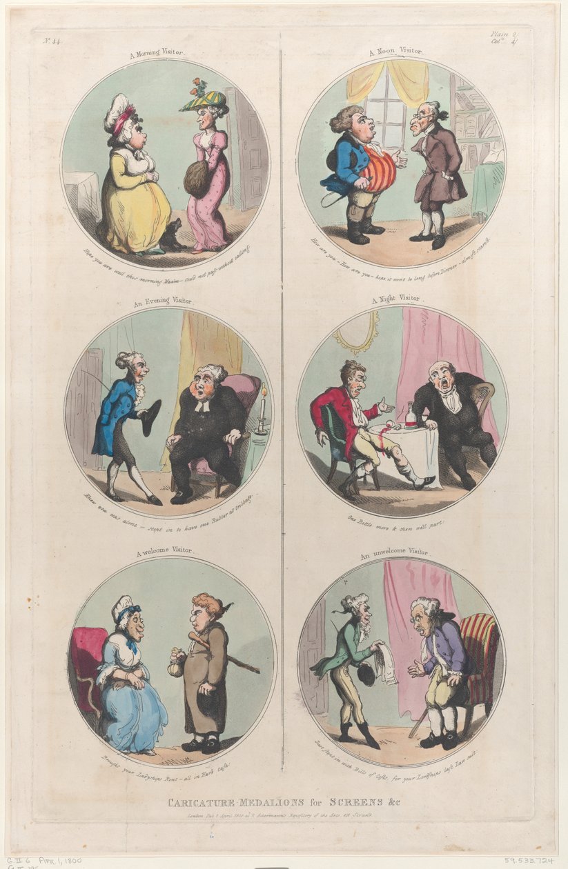 Karikaturmedaljer for skjermer &c: A Morning Visitor, An Evening Visitor, A We..., 1. april 1800. av Thomas Rowlandson