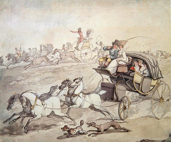 Vogne og ryttere i full fart over åpent gressland, ca. 1800 (penn og blekk med vask på papir) av Thomas Rowlandson