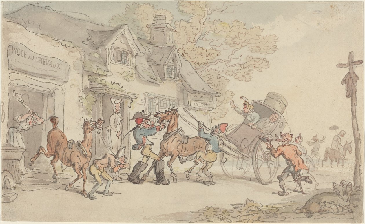 Skifte hest i et posthus i Frankrike av Thomas Rowlandson