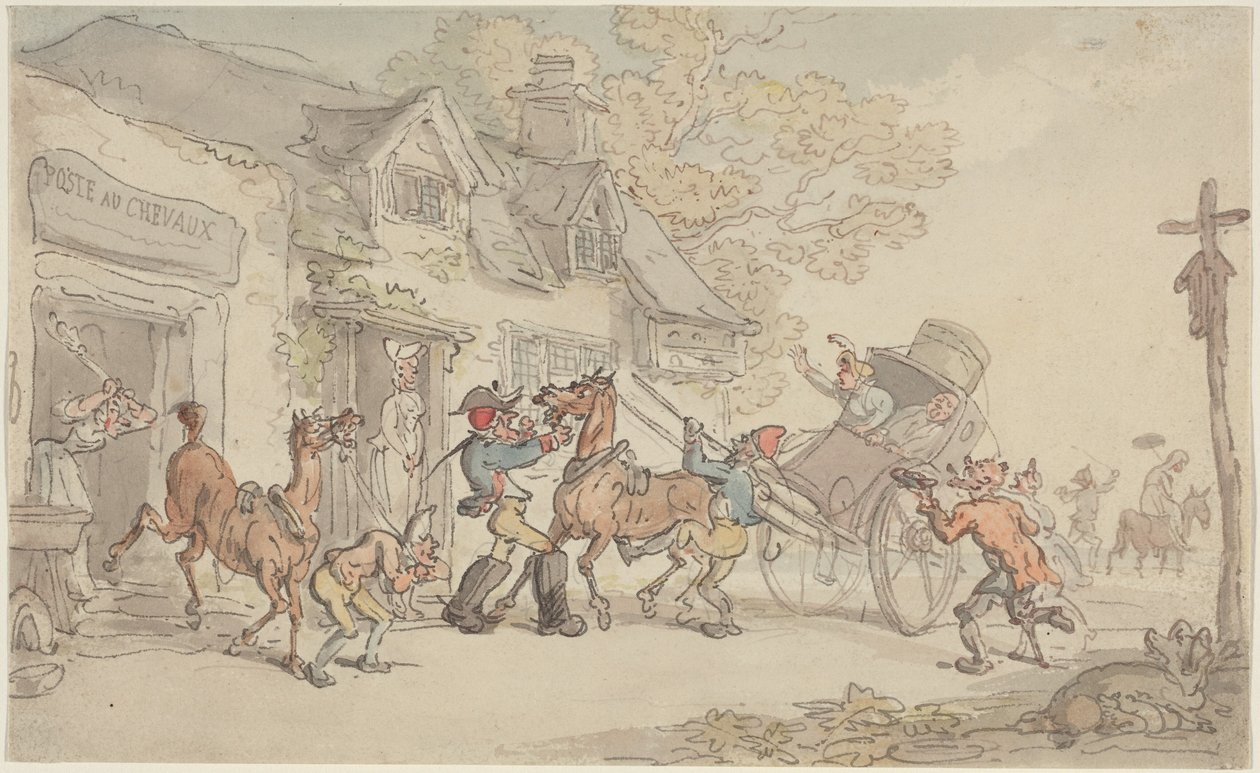 Hesteskifte ved et poststed i Frankrike av Thomas Rowlandson