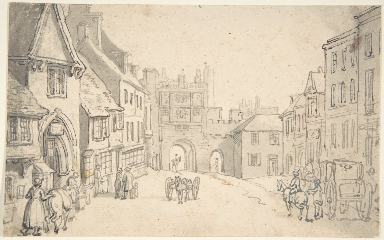 Byutsikt med middelalderport (muligens York) av Thomas Rowlandson