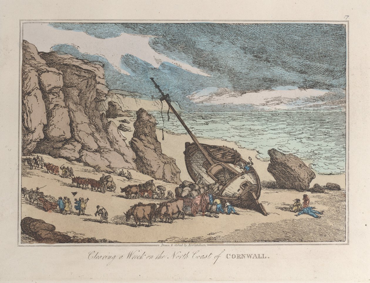 Rydding av et vrak på nordkysten av Cornwall av Thomas Rowlandson