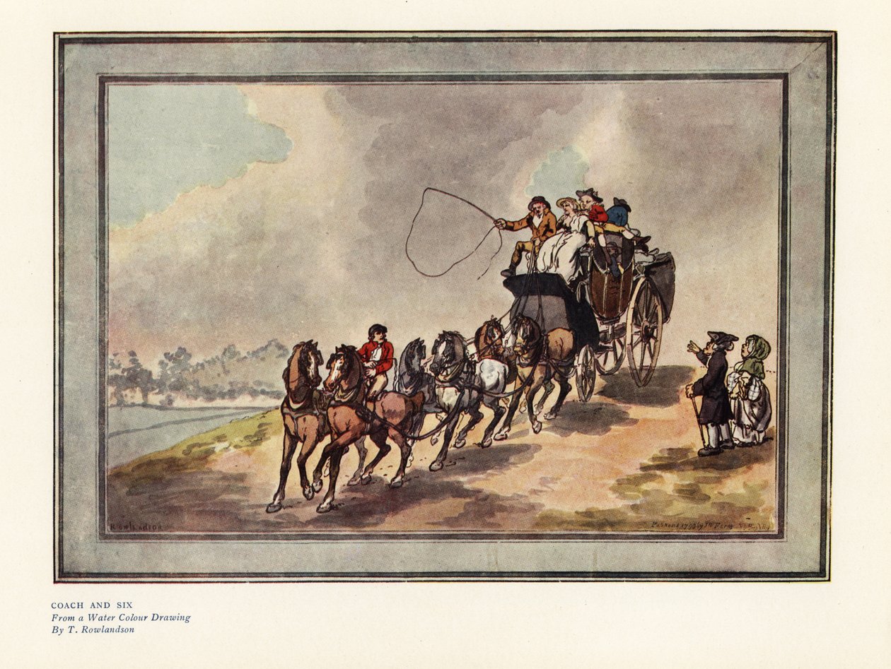 Rutevogn og seks hester med passasjerer og bagasje på taket av Thomas Rowlandson
