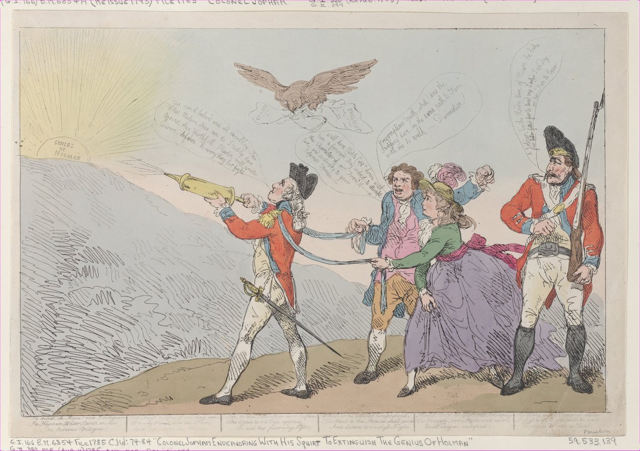 [Kol. Topham Endeavouring with his Squirt to Extinguish the Genius of Holman], O..., 5. oktober 1785. av Thomas Rowlandson