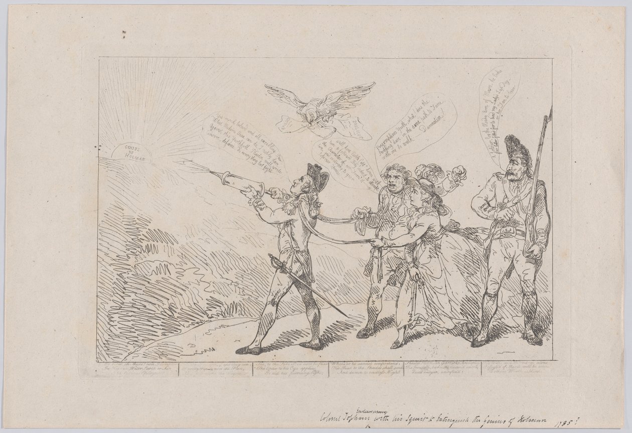 [Kol. Topham Endeavouring, With His Squirt, to Extinguish the Genius of Holma..., 10. desember 1784. av Thomas Rowlandson