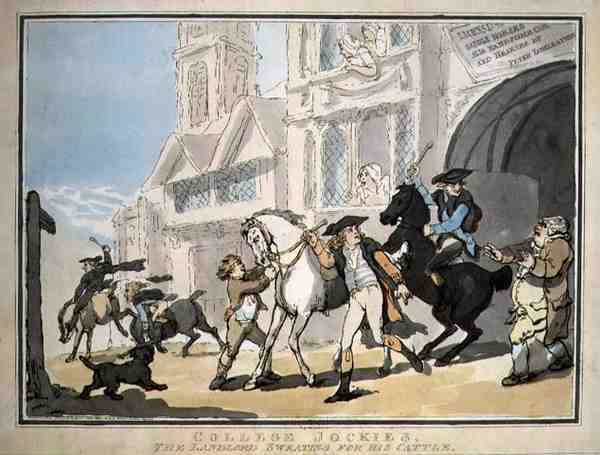 "College Jockies, The Landlord Sweating for his Cattle", pub. av E. Jackson av Thomas Rowlandson