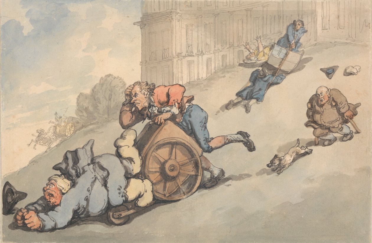 Baths komfort: Giktige personer faller i en bratt bakke av Thomas Rowlandson