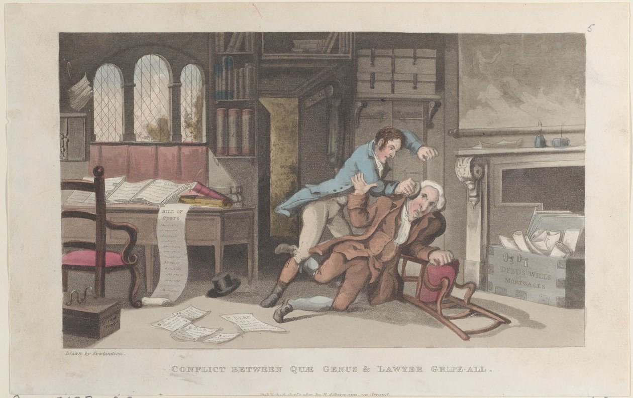 Conflict Between Quae Genus og Advokat Gripe-all, fra The History of Johnny Q..., 1. oktober 1821. av Thomas Rowlandson