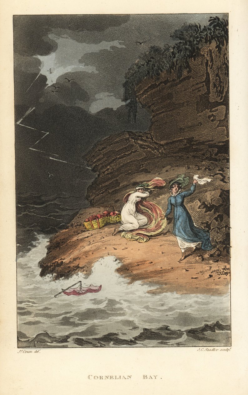 Cornelian Bay: Regency kvinner på piknik blir overrasket av en plutselig storm. Håndfarget kobberstikk av Thomas Rowlandson, akvatint av J.C. Stadler, etter en skisse av J. Green fra Poetical Sketches of Scarborough, Ackermann, London av Thomas Rowlandson