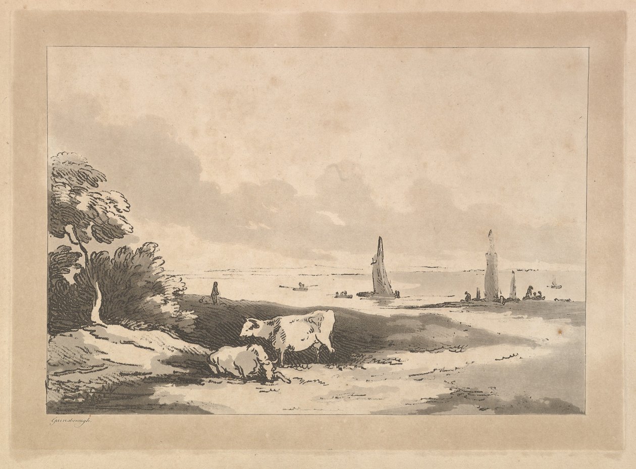 Kyr og sjølandskap, 1783-89. av Thomas Rowlandson