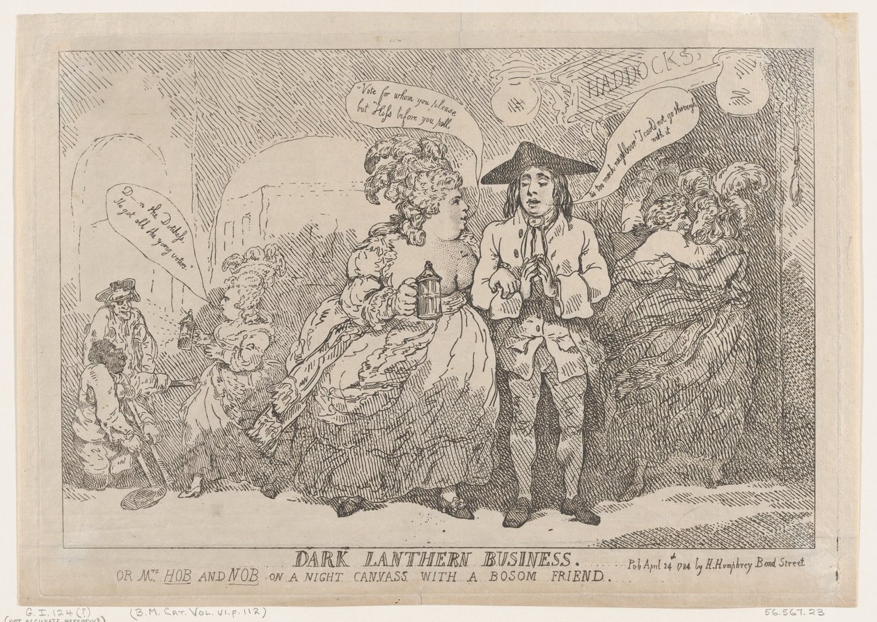 Dark Lantern Business, eller, Mrs. Hob and Nob på et nattlerret med en barm fre..., 24. april 1784. av Thomas Rowlandson