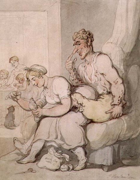 Darning The Sock (penn og blekk, akvarell) av Thomas Rowlandson