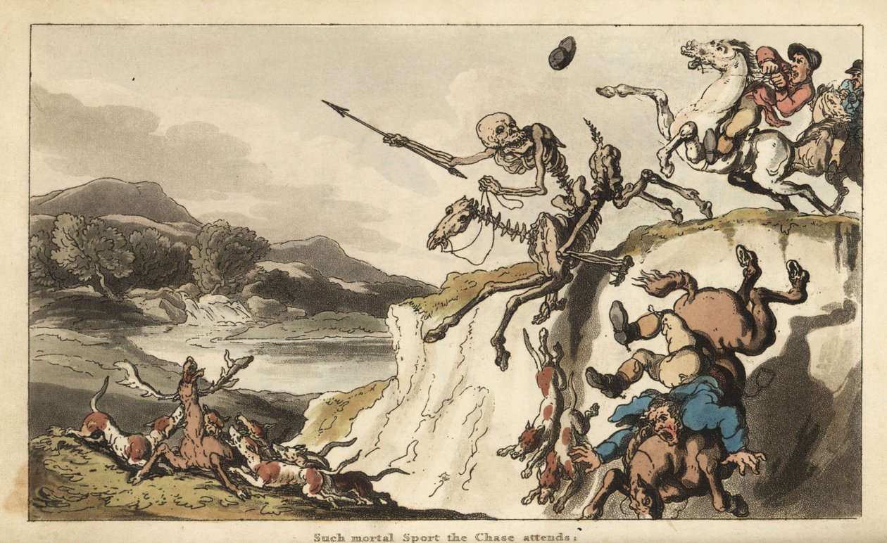 Døden med pilen sin på en skjeletthest rir over en klippe mens en uheldig jeger og hundene hans faller i døden. Andre jakthunder river i stykker en hjort. Håndfarget kobberplate tegnet og gravert av Thomas Rowlandson fra The English Dance of Death, av Thomas Rowlandson