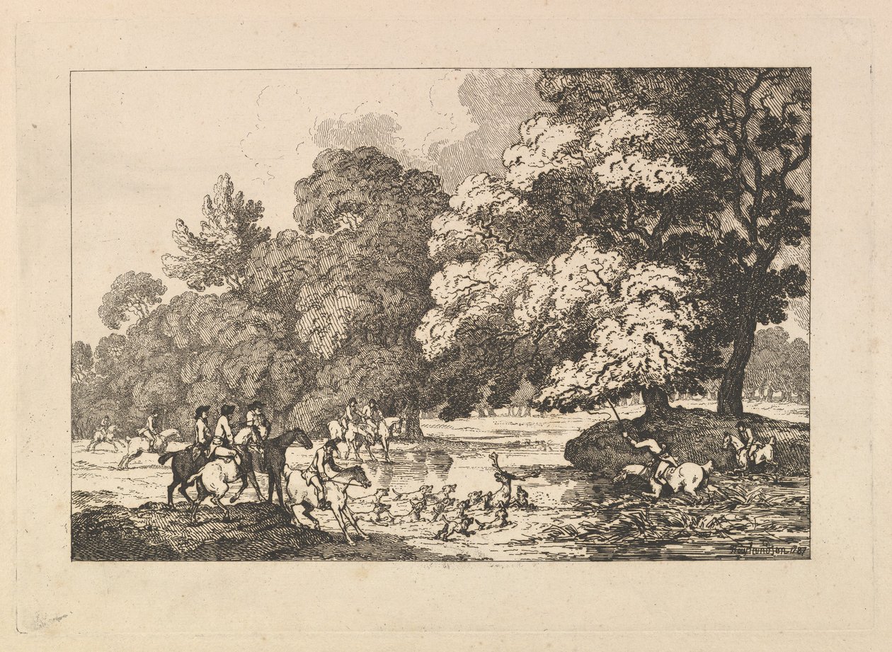 Hjortejakt – Et landskapsbilde med hjort og jakthunder ved en elv av Thomas Rowlandson