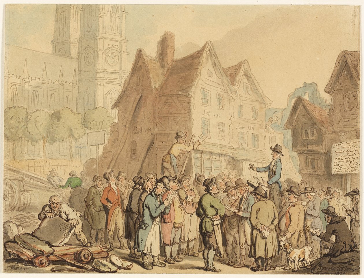 Riving av gamle hus nord for Westminster Abbey av Thomas Rowlandson