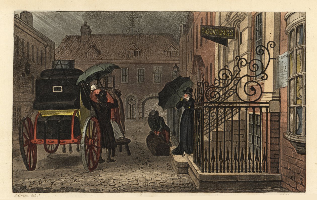 Avreise: Turister laster bagasje på en vogn foran et hotell i regnet. Håndfarget kobberstikk av Thomas Rowlandson, akvatint av J.C. Stadler, etter en skisse av J. Green fra Poetical Sketches of Scarborough, Ackermann, London av Thomas Rowlandson