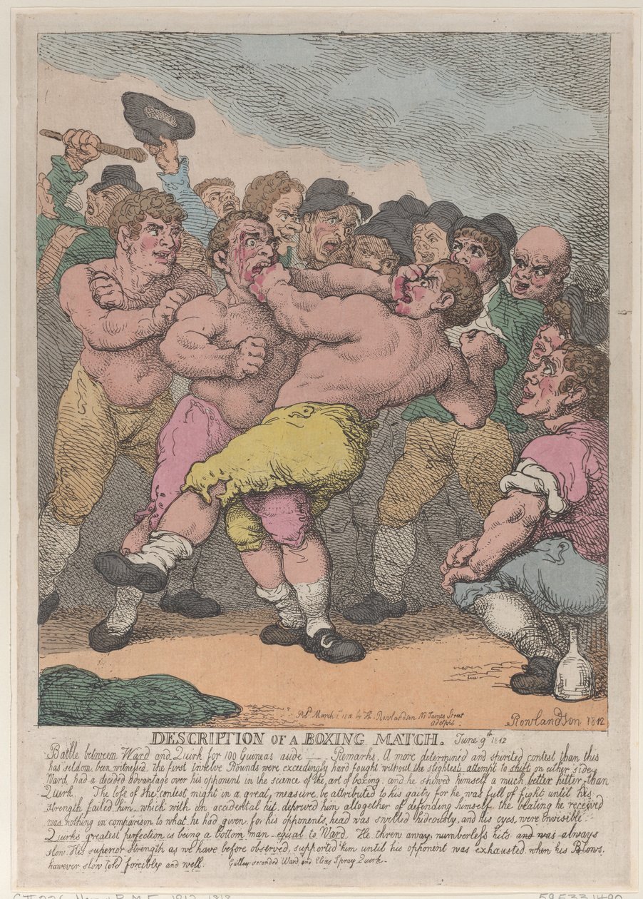 Beskrivelse av en boksekamp mellom Ward og Quirk for 100 Guineas en side, Marc..., 1. mars 1812. av Thomas Rowlandson