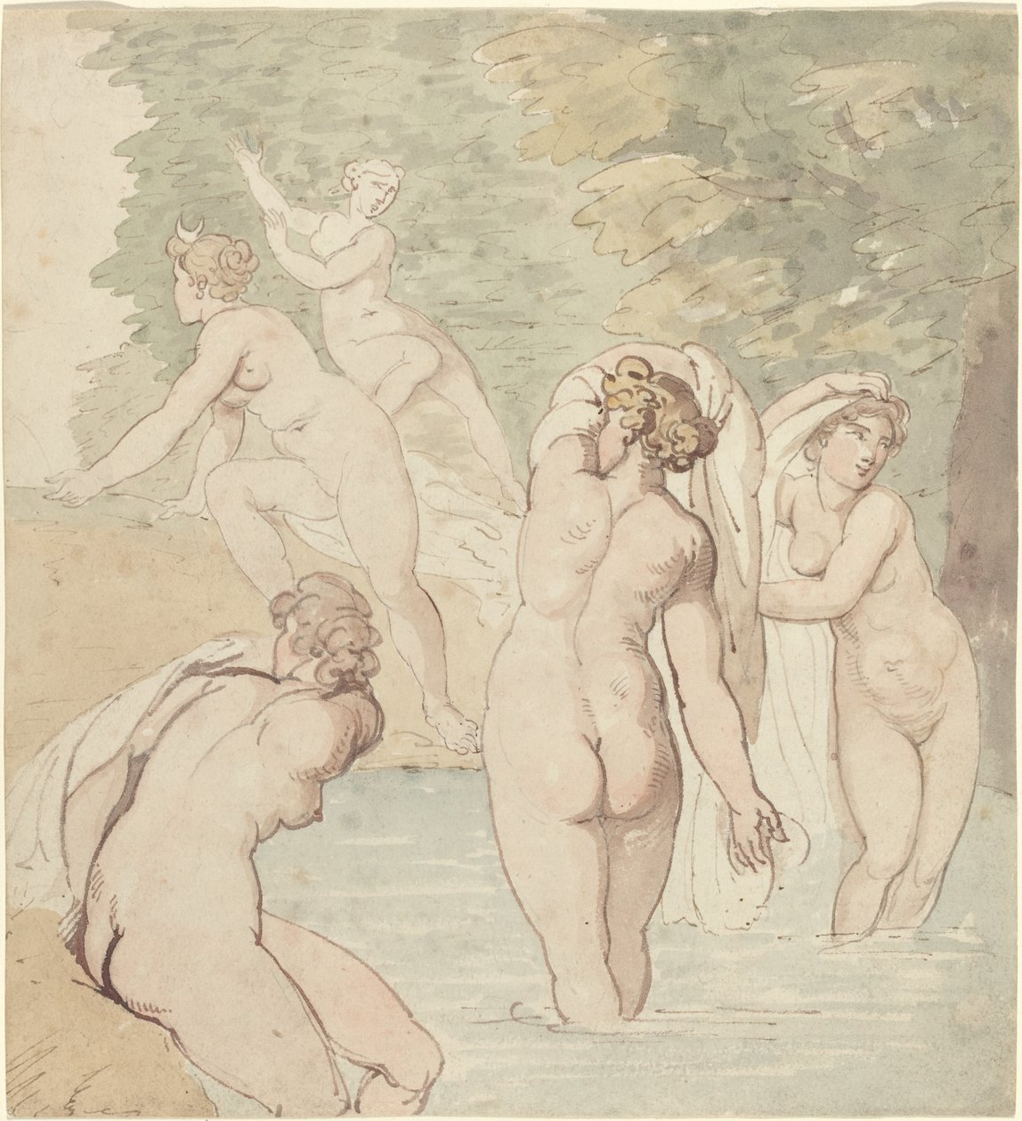 Diana og nymfene hennes bader av Thomas Rowlandson
