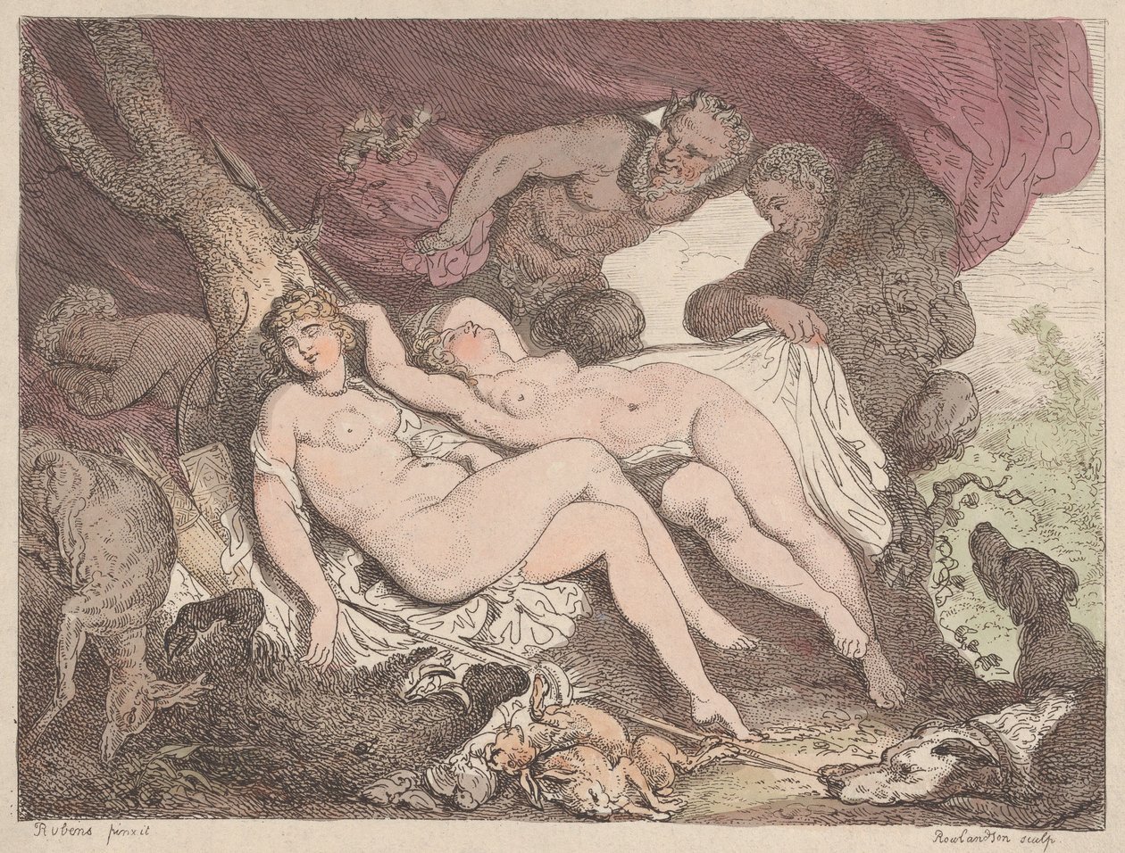 Diana og hennes nymfer spionert på av Satyrs, 1790-1799., 1790-1799. av Thomas Rowlandson