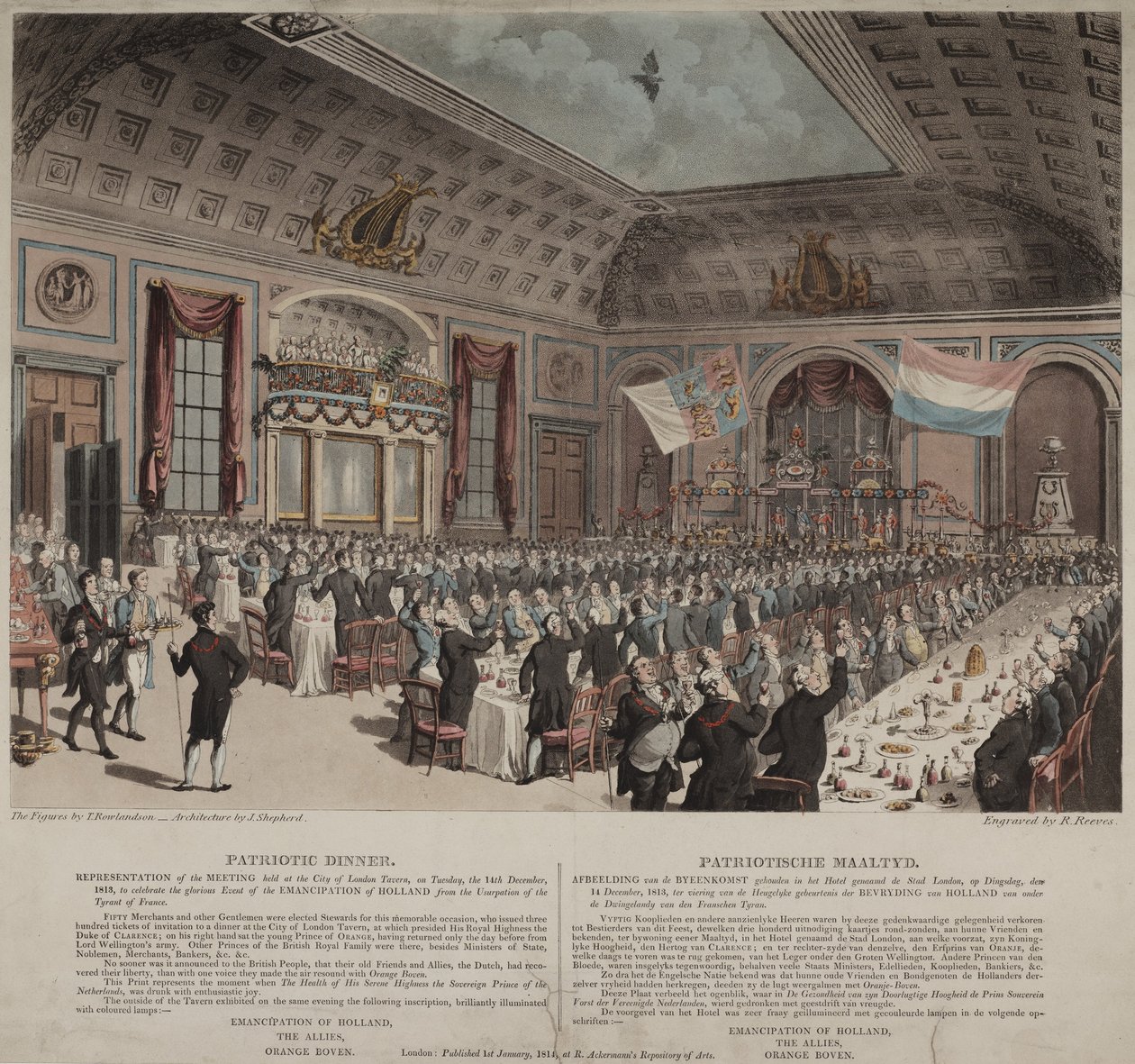 Middag for å feire frigjøringen av Holland fra Frankrike, City of London Tavern, Bishopsgate, 1814 (akvatint) av Thomas Rowlandson