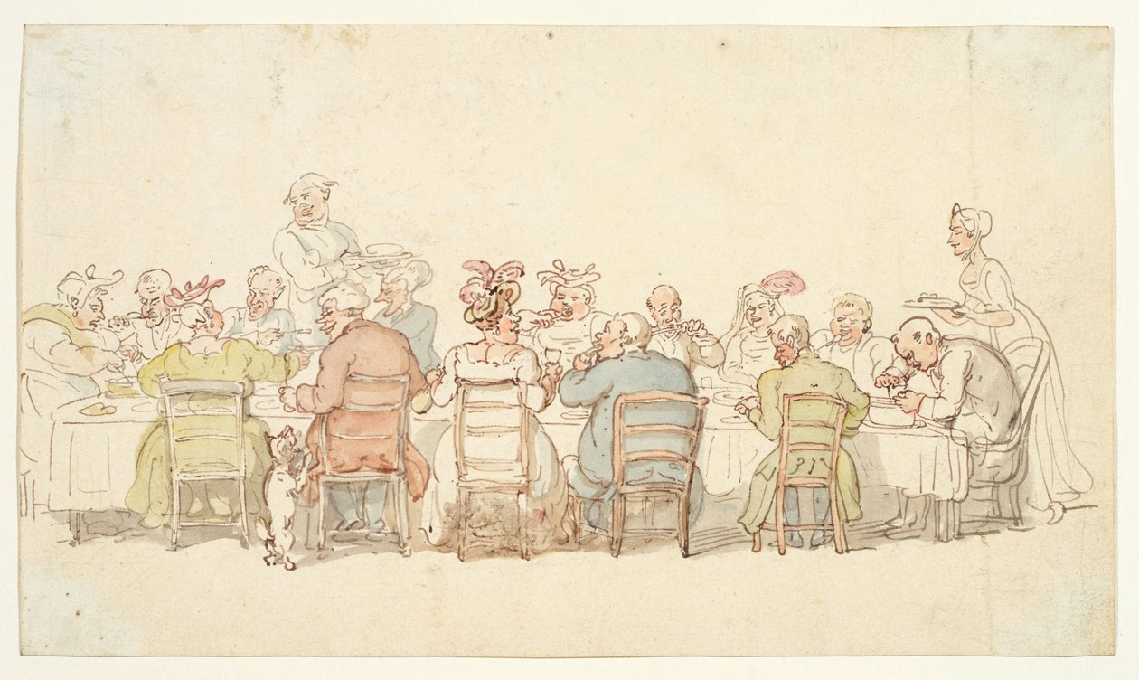Middag, 1800-tallet (grafitt, penn og brunt blekk, akvarell på vevd papir) av Thomas Rowlandson