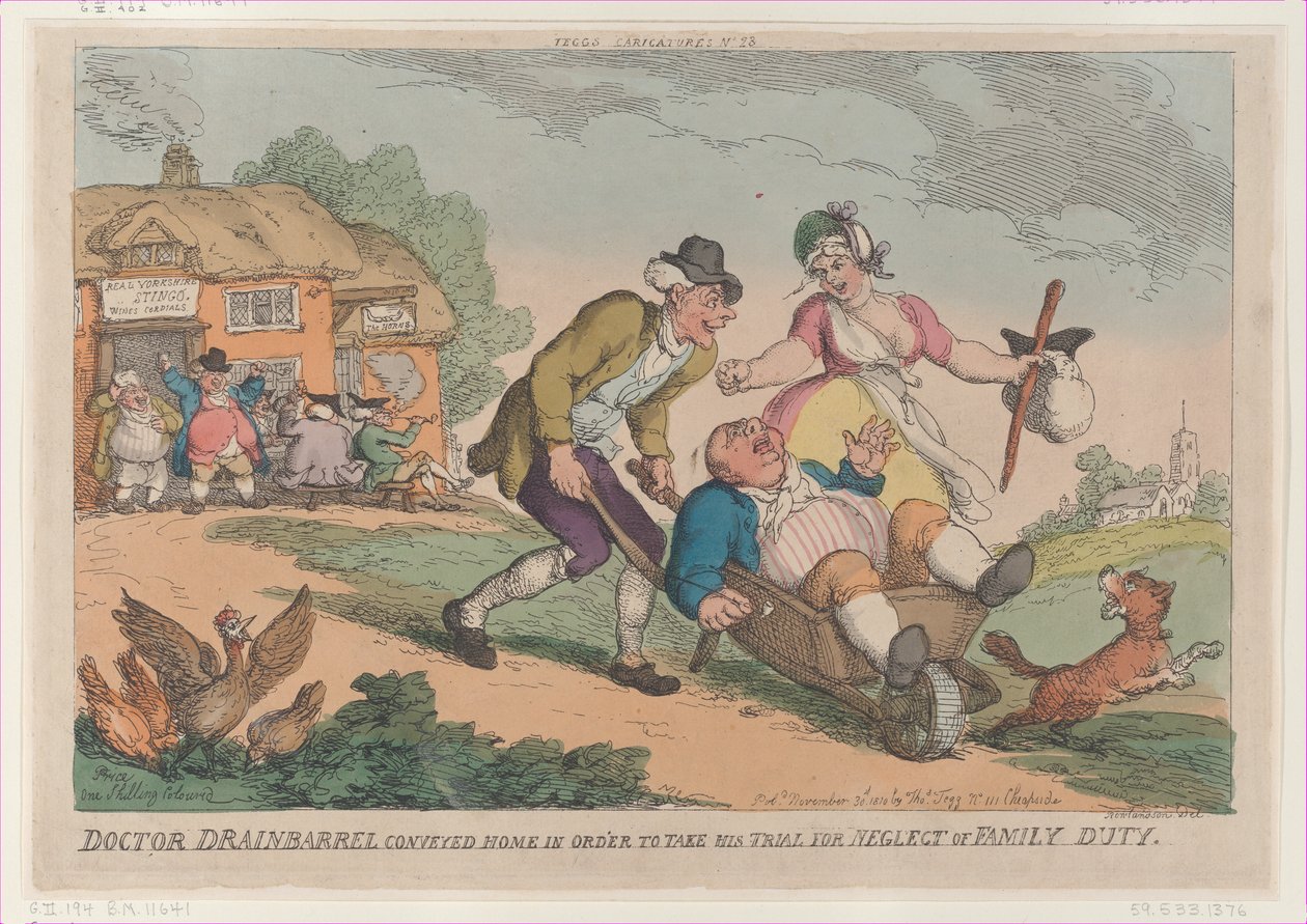 Doktor Drainbarrel ble transportert hjem for å ta rettssaken for omsorgssvikt, 30. november 1810. av Thomas Rowlandson
