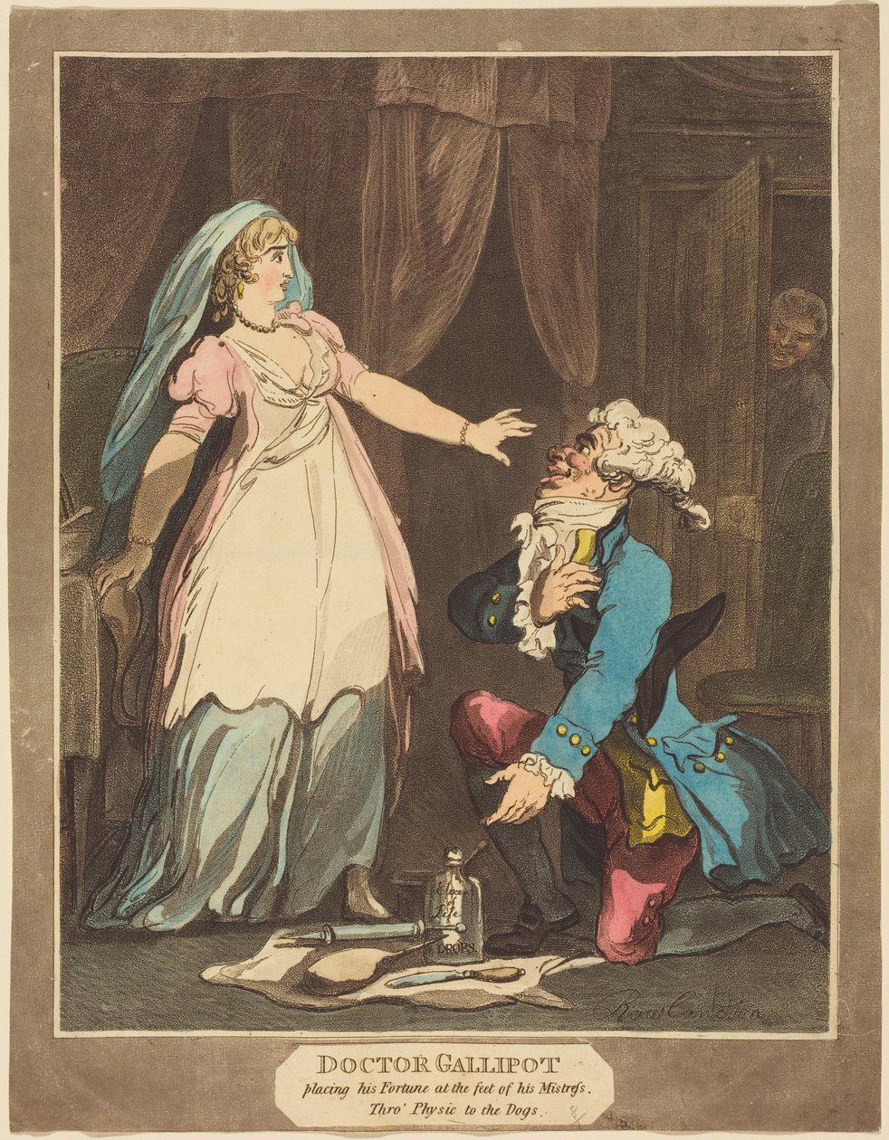 Doktor Gallipot legger sin formue for sin elskedes føtter av Thomas Rowlandson