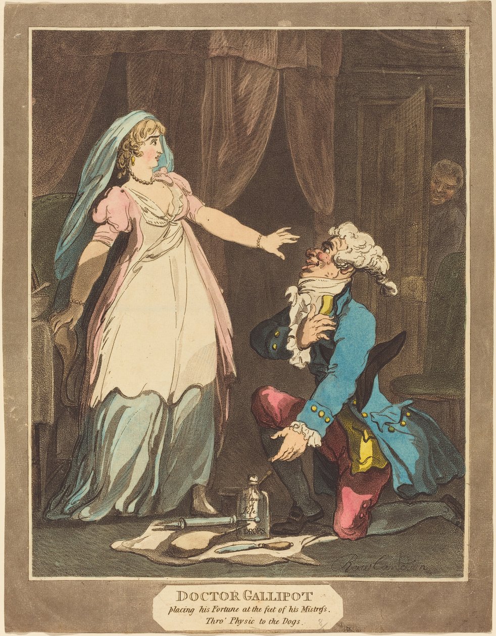 Doktor Gallipot plasserte sin formue ved føttene til sin elskerinne, 1808. av Thomas Rowlandson